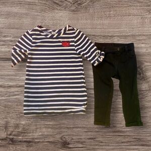 Baby Old Navy fleece outfit striped dress with red heart and pants.